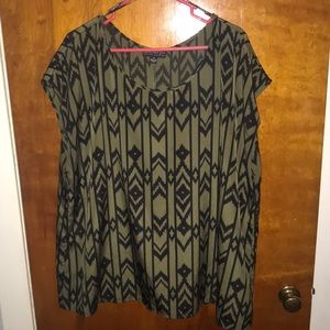 Olive green and black tribal print blouse